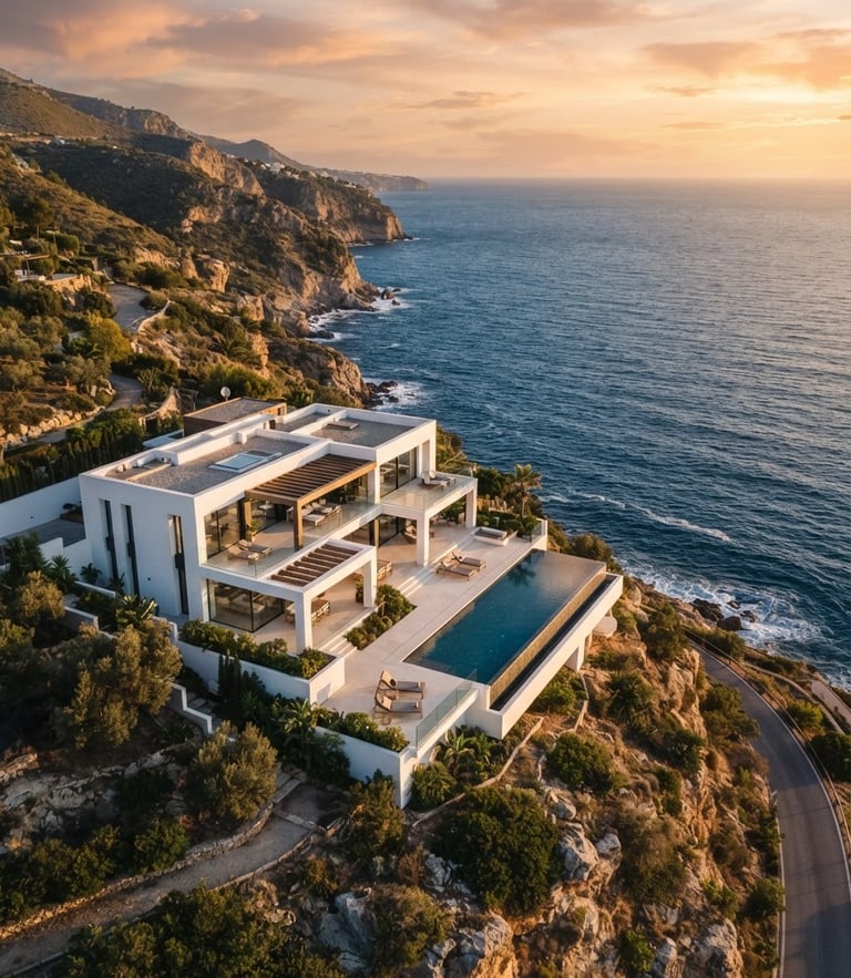 Cinematic aerial photograph of a luxury modern white villa on a cliffside in Andalusia, golden hour sunlight, deep blue ocean background, sharp architectural composition, 35mm lens