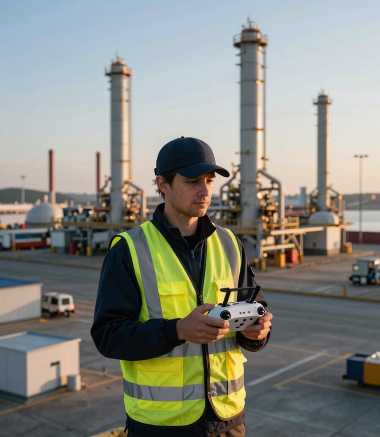 Professional drone operator in safety vest holding a controller, technical gear, clear morning light, modern industrial harbor background.