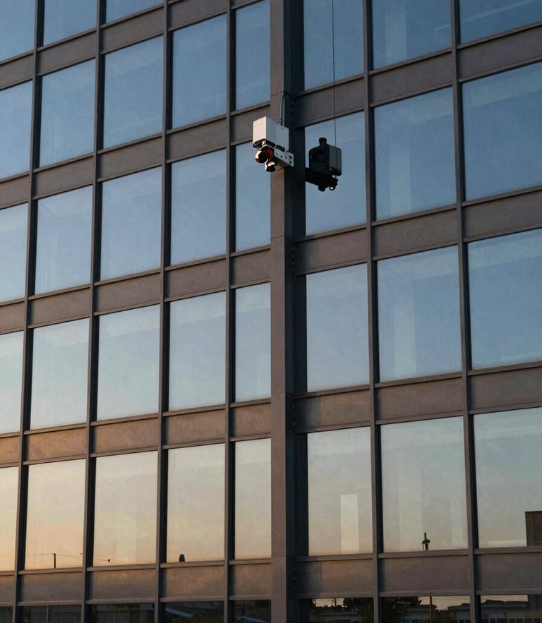 Close-up drone inspection of a modern glass and steel facade, reflection of clear sky, sharp focus on structural joints, technical clarity