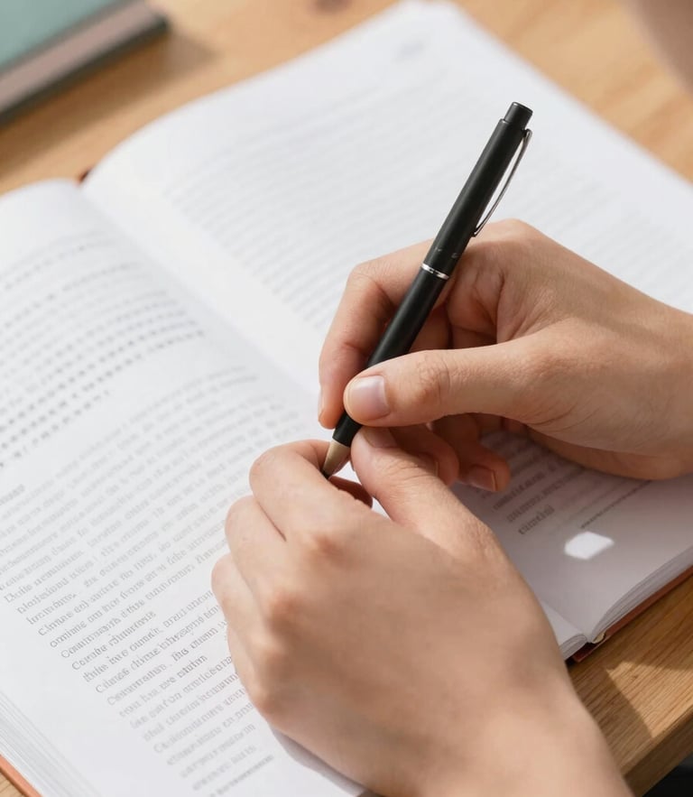 Close-up of hands signing in Libras, warm natural daylight, soft focus on a physical educational textbook on a wooden desk, high contrast clean details