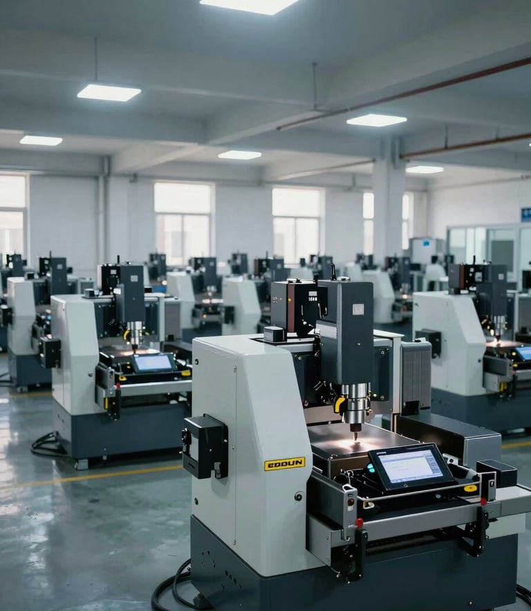 Wide-angle environmental shot of the EDOUN factory floor in Jinzhong, cool bright overhead industrial lighting, rows of high-precision CNC machining centers, metallic reflections, no people.