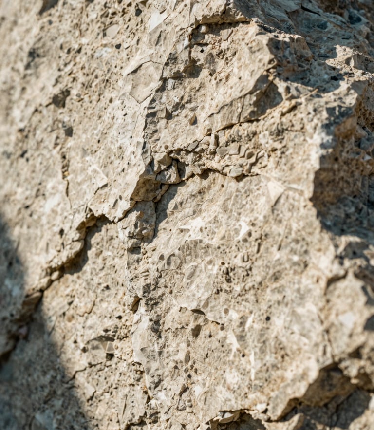 Extreme close-up of textured raw Lioz limestone, sun-dappled warm light, sharp low-angle shadows, 35mm film grain