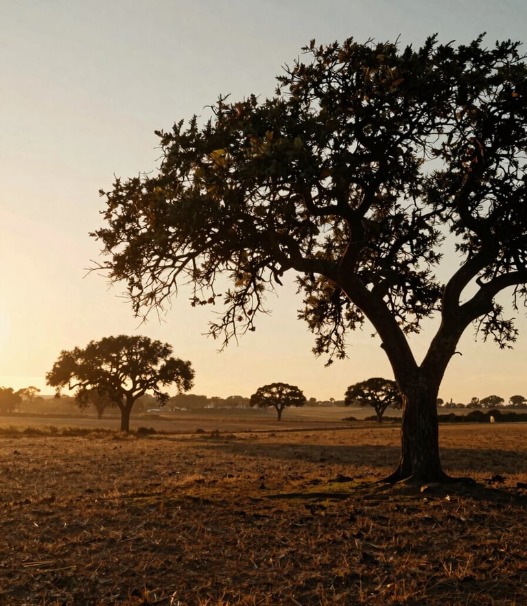 Atmospheric Portuguese landscape at golden hour, low horizon, distant cork oaks, warm hazy light, 35mm film grain