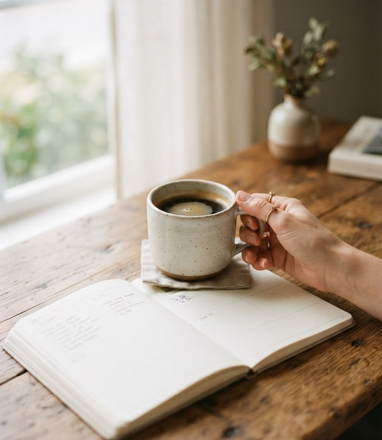 Warm editorial photography, soft morning window light, a hand holding a ceramic cup of coffee next to an open paper planner on a wooden table, shallow depth of field, 35mm film