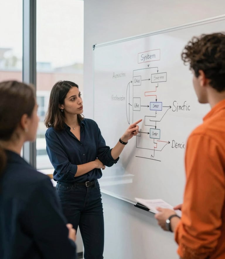 A collaborative whiteboard session in a modern Leicester fintech office, young professionals discussing system architecture, natural window light, 35mm.
