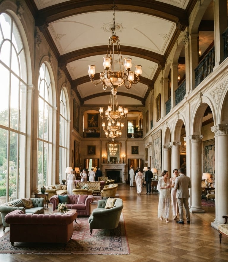 Elegant architectural wide shot of a grand vintage estate hall, soft daylight filtering through tall arched windows, showcasing custom brass chandeliers and velvet finishes, warm editorial photography, 35mm