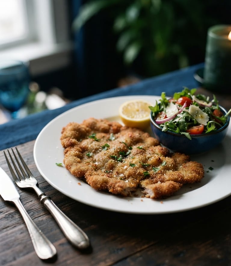 Close-up of a perfectly plated hand-cut Milanesa on an immaculate white porcelain plate, polished silver cutlery, soft dramatic side-lighting, 50mm lens, shallow depth of field