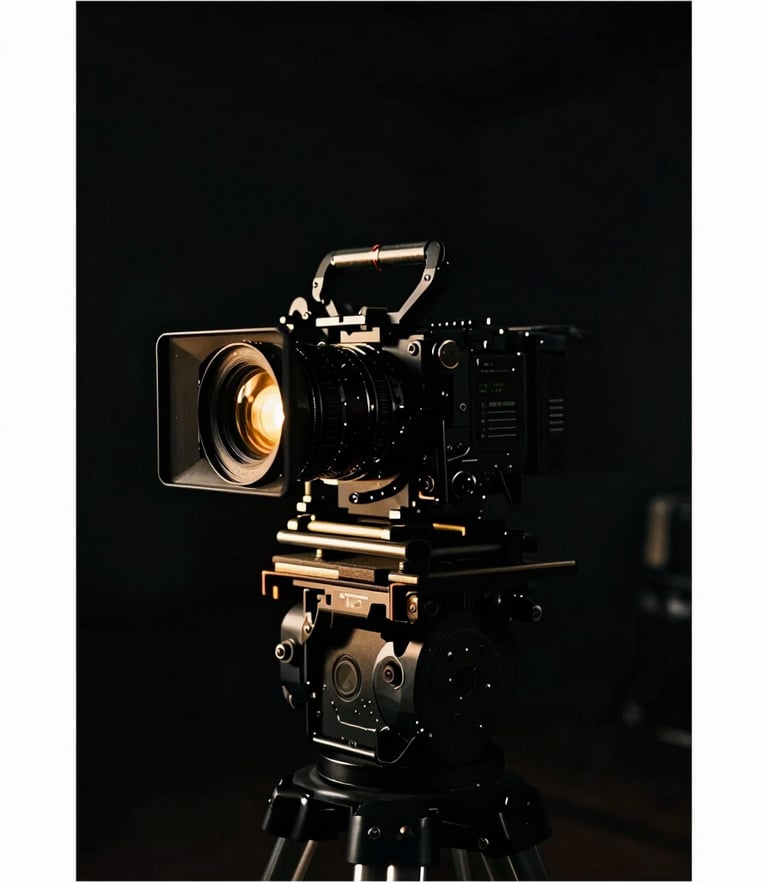Dramatic cinema camera rig on a dark editorial set, golden backlight catching the lens edge, high-contrast chiaroscuro photography, 35mm film style