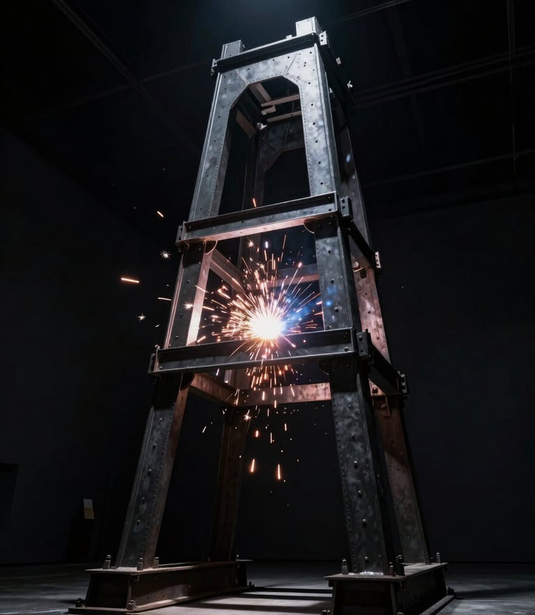 Low-angle dramatic photograph of a monumental iron structure being welded, bright sparks flying against a pitch-black gallery background, spotlighting