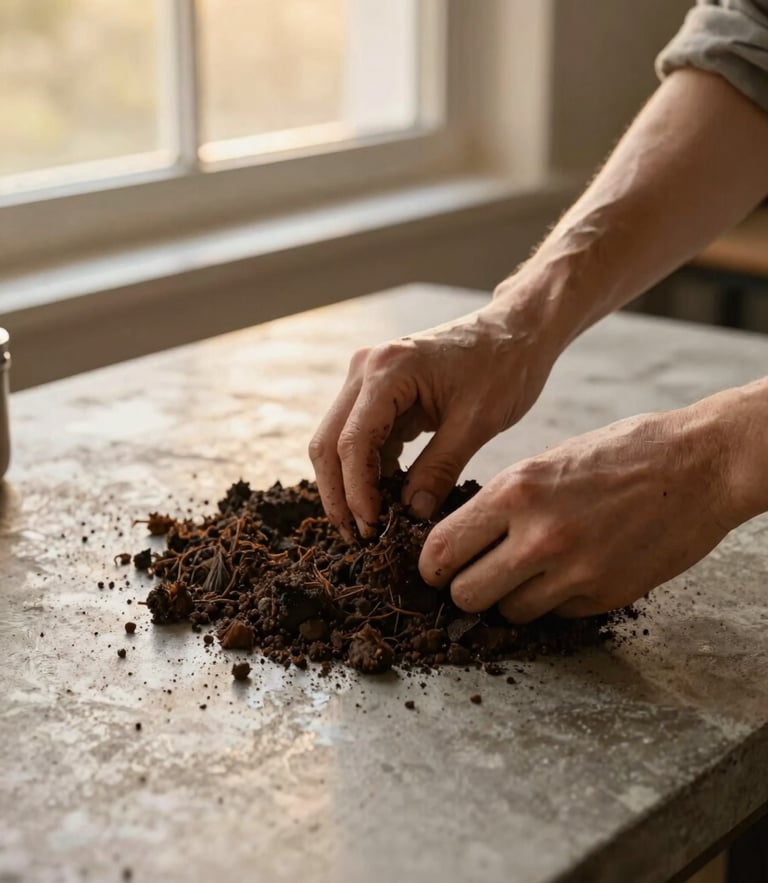 Warm editorial photography of hands mixing rich dark organic substrate on a concrete table, golden-hour window light, 35mm