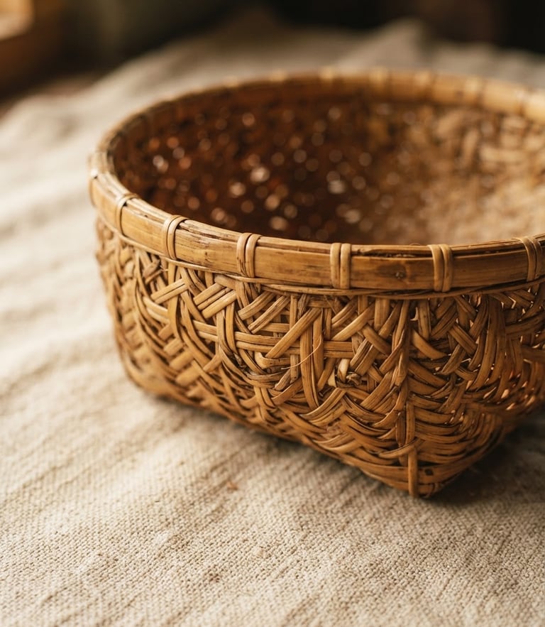 Close-up of a hand-woven ringal bamboo basket resting on a sunlit oat-toned linen surface, soft mountain daylight, warm editorial shadows.