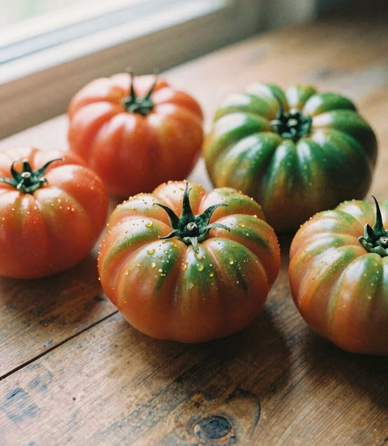 Overhead editorial shot of fresh heirloom tomatoes on a rustic wooden table, warm natural window light, 35mm film aesthetic