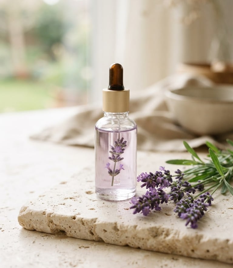 Soft morning light over a single glass dropper bottle filled with pale lavender oil, placed next to fresh lavender stems on a textured cream stone surface, shallow depth of field, 35mm lens