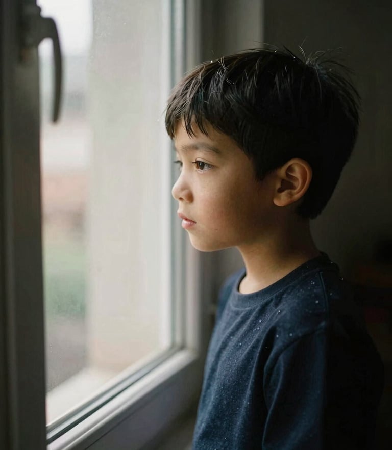 A warm editorial portrait of a young boy looking through a sunlit window, soft natural light, deep muted tones, shallow depth of field, 35mm lens.