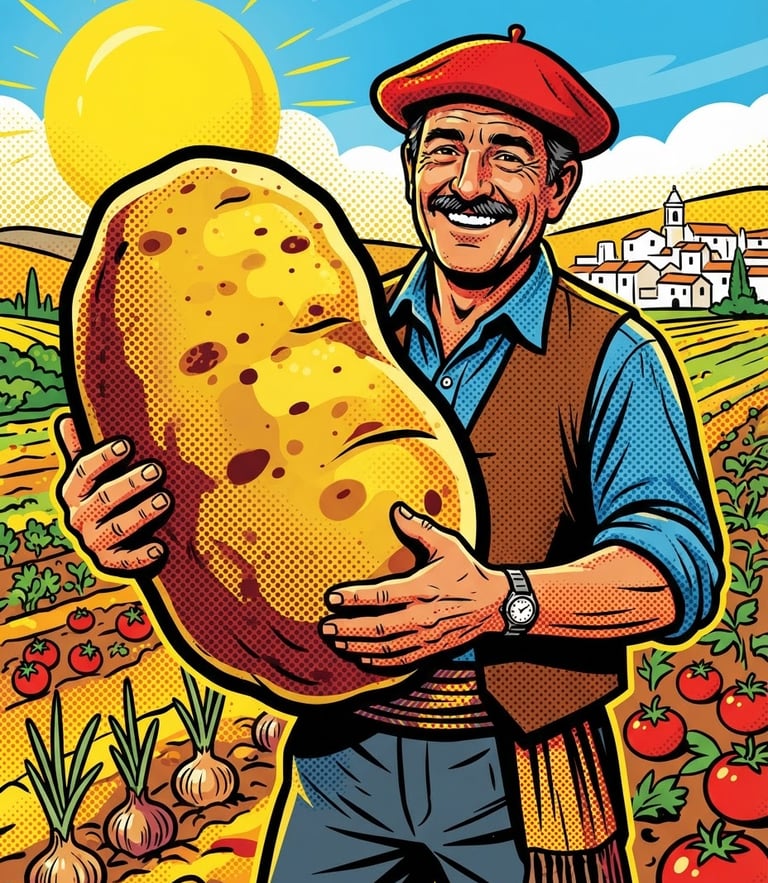 Bold pop art illustration of a smiling Spanish farmer holding a giant comic-style potato, thick black outlines, halftone dots, highly saturated red and yellow colors, flat vector style.