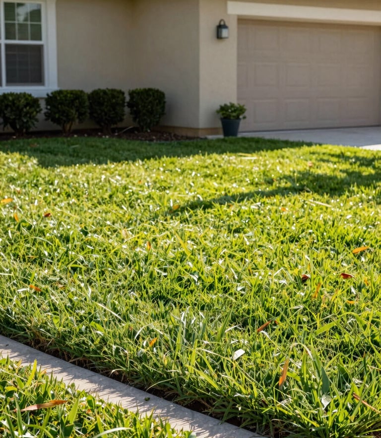 Crisp morning sunlight on a perfectly striped green lawn with sharp concrete edging, clean Florida stucco home in background, 35mm