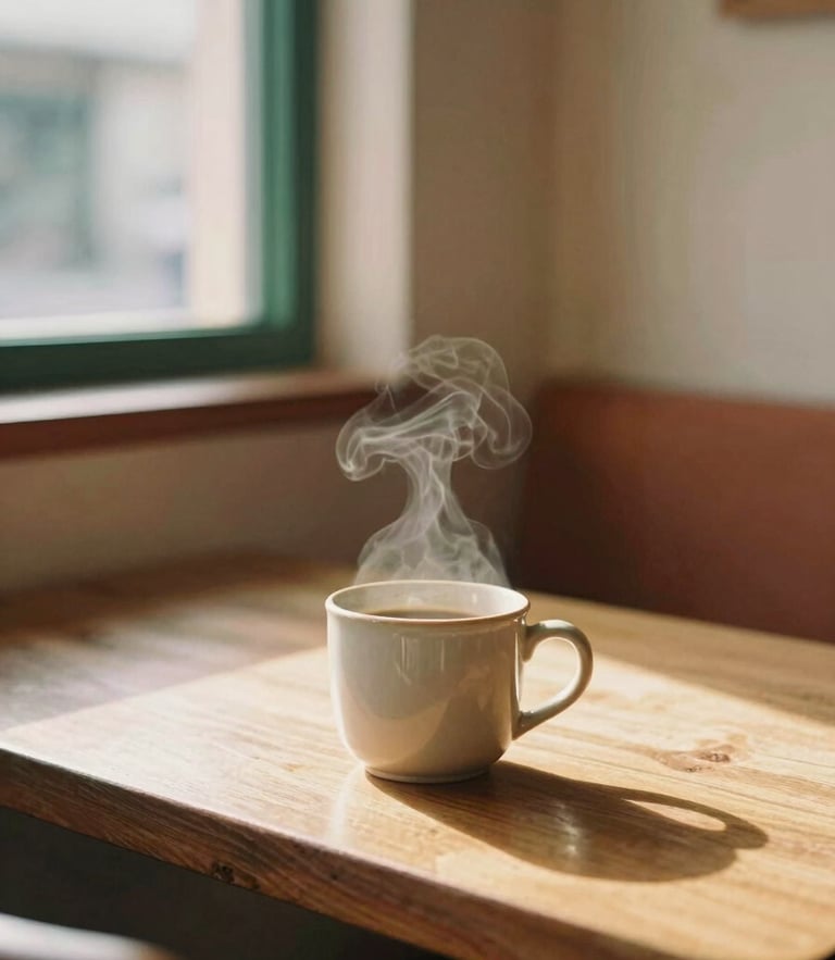 Soft warm golden-hour light hitting a single ceramic mug on a wooden table, steam rising gently, quiet empty corner of a minimalist Colombian cafe with terracotta accents, shallow depth of field, 35mm film.
