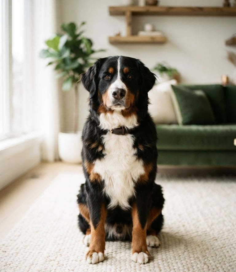 Eye-level portrait of a calm, well-behaved Bernese Mountain Dog sitting on a warm cream rug in a clean, modern living room, soft indirect light, shallow depth of field.
