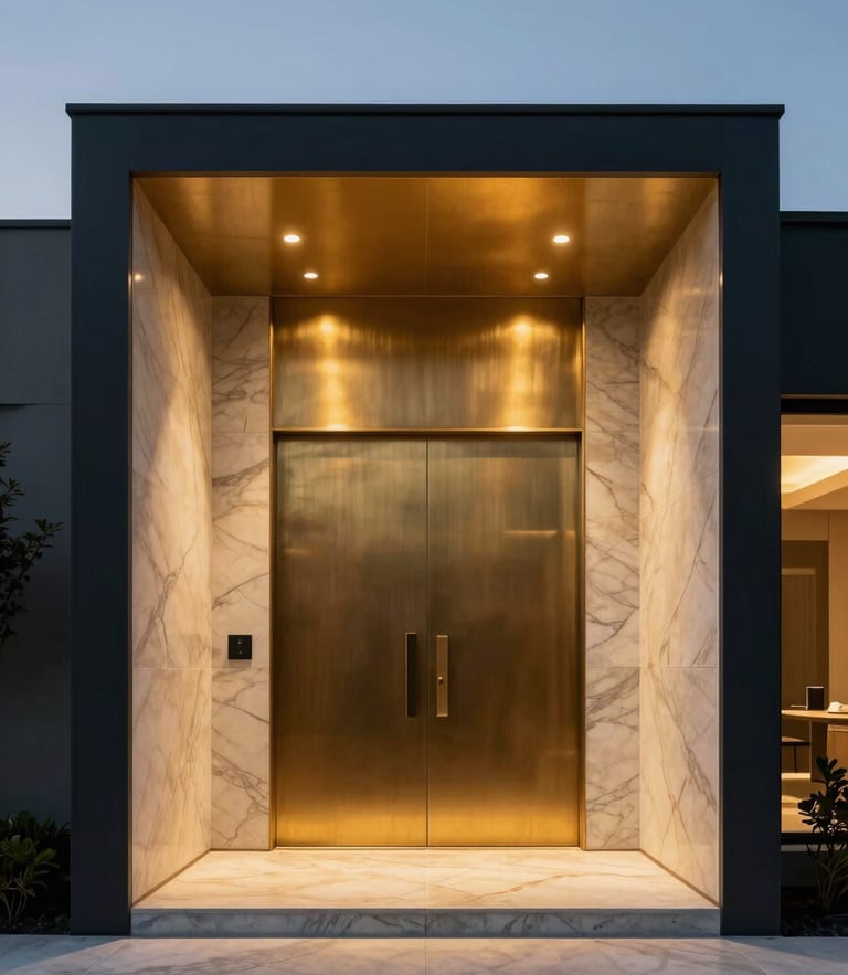 Minimalist luxury villa entrance at twilight, sharp focus, brass and marble detailing, soft golden light, 35mm
