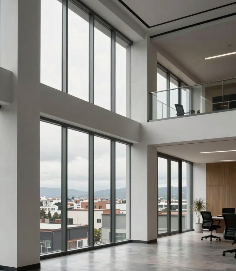 Modern clean office interior in Quito, large windows with soft daylight, structured architectural lines, professional and institutional atmosphere