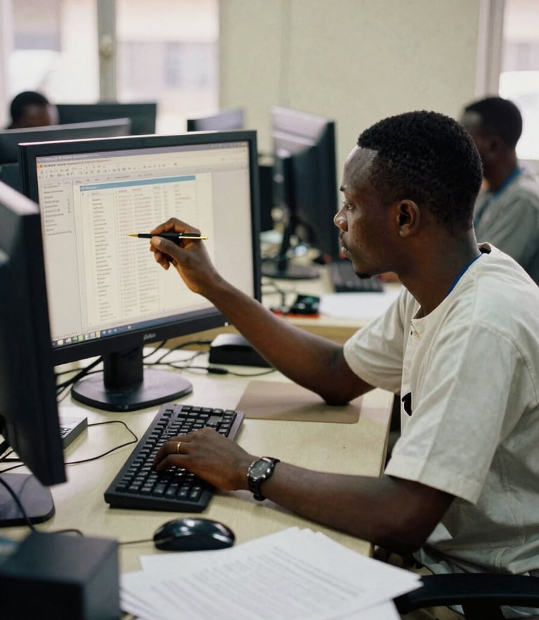 A professional newsroom editor analyzing data on a screen in Lagos, warm natural light, unposed documentary style, 35mm photograph