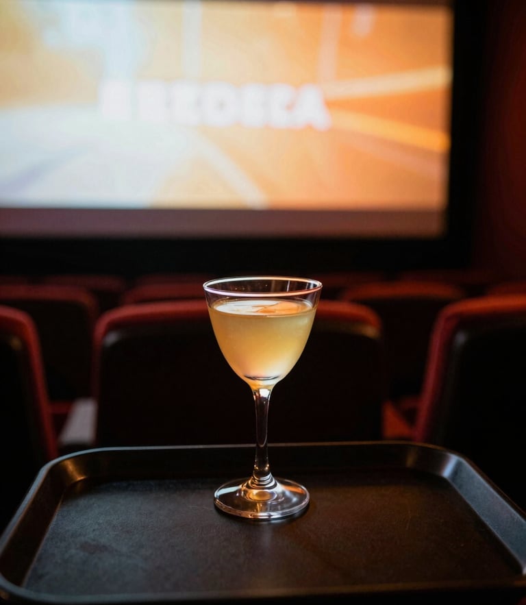 First-person perspective of a dark theater seat tray with a glowing craft cocktail, soft out-of-focus cinema screen in the background, neon-amber accent lighting, 35mm
