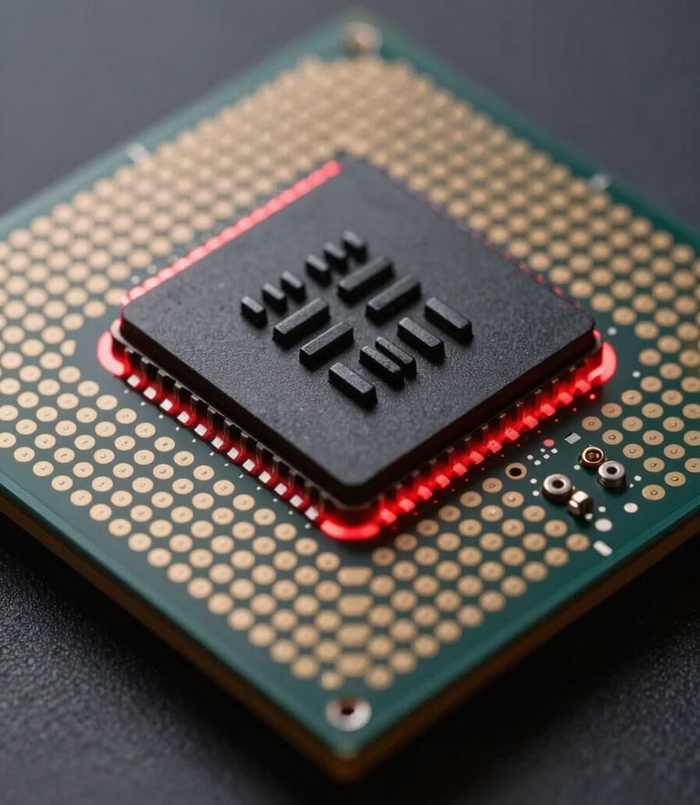 Extreme macro shot of a custom silicon processor, illuminated by sharp laser-red edge-lighting, deep obsidian shadows, technical and precise.