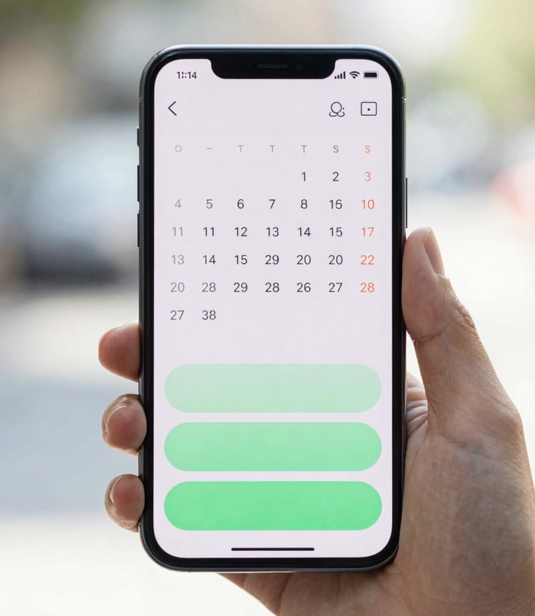 A close-up of a hand holding a modern Android smartphone in bright natural daylight, displaying a clean, high-contrast calendar interface with large text and soft green buttons, shallow depth of field.