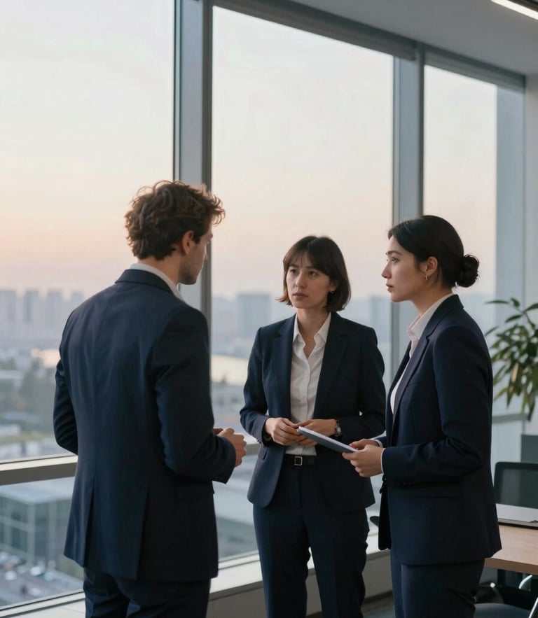 Modern corporate office interior in Baku, soft morning daylight through high windows, professional colleagues in discussion, deep navy tones, 35mm lens.