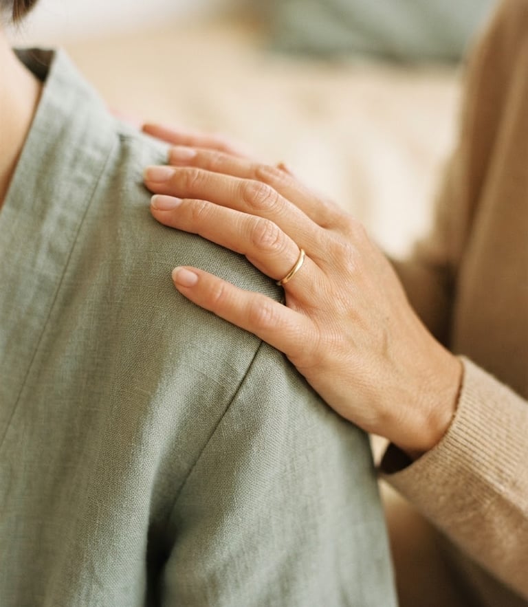 Extreme close-up of hands in a supportive, slow somatic touch on a shoulder, soft natural morning light, warm sand and muted sage tones, minimalist editorial photography, shallow depth of field, 35mm