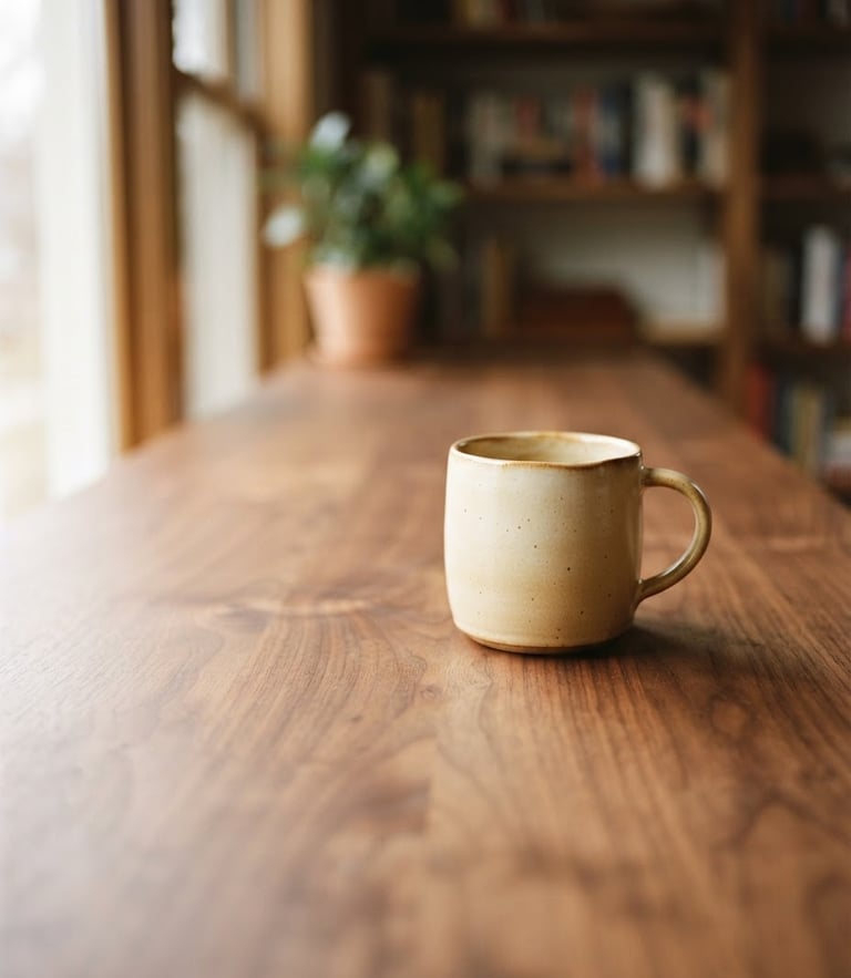 Low-angle medium shot of a solid walnut writing desk under soft directional window light, a single ceramic mug resting on its continuous grain surface, medium format film style.