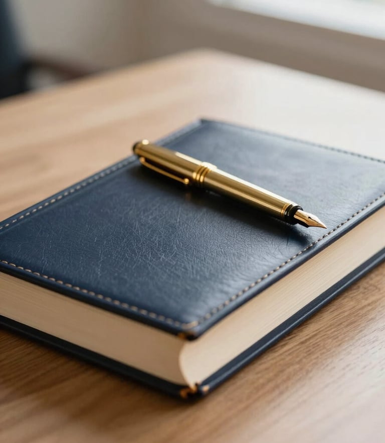 Close-up of a professional desk with a leather-bound Colombian legal code book, a gold fountain pen resting on top, warm natural window lighting, soft shadows, 50mm lens