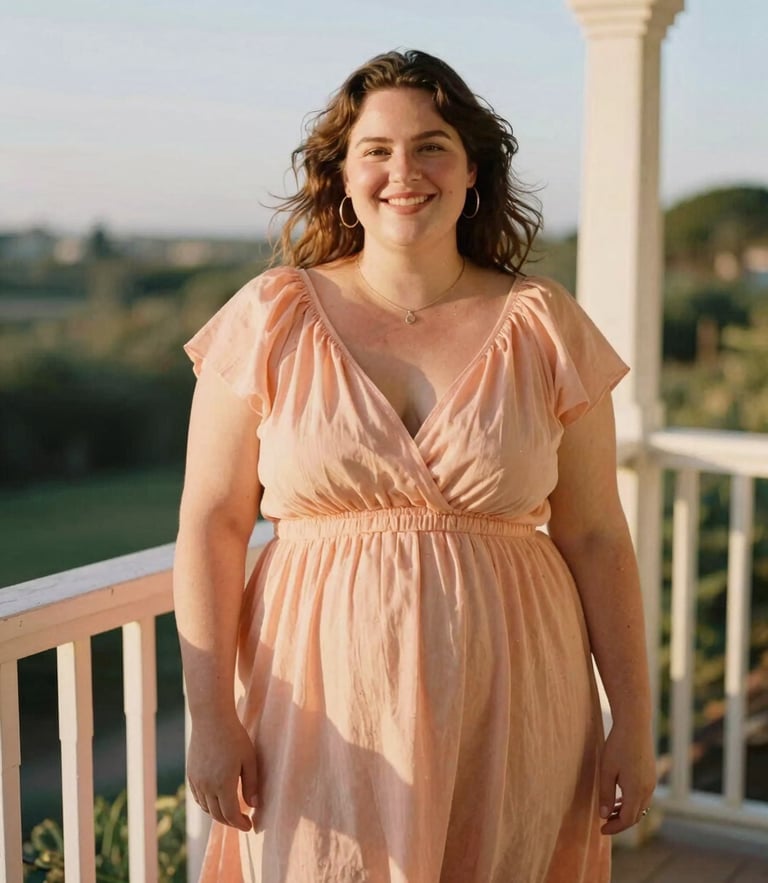 A warm environmental portrait of a smiling woman of size 2X in a flowing peach dress standing on a sun-drenched veranda, golden hour light, medium format film.
