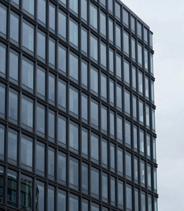 Minimalist corporate photography of a modern glass and steel office tower reflecting cool overcast daylight, deep navy and steel gray tones, architectural framing, 35mm