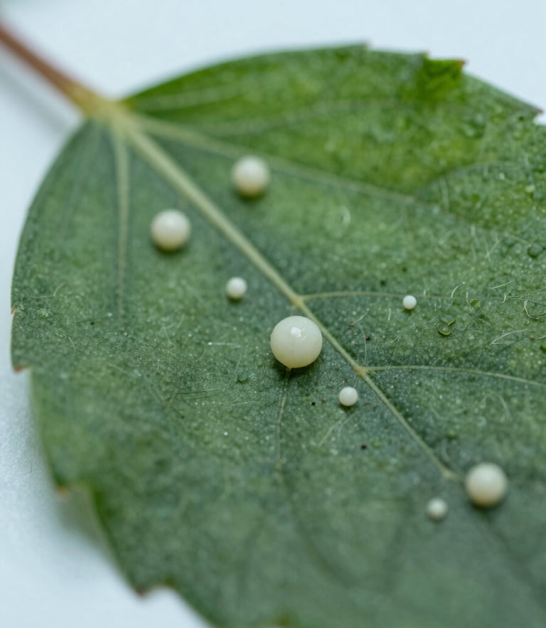 Extreme macro scientific photography of botanical trichomes and resin glands on a deep green leaf, cool clinical laboratory light, sharp depth of field