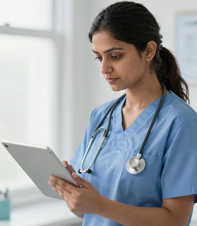 A focused Indian female doctor in clinical scrubs reviewing digital records on a tablet, bright natural clinical light, sharp focus, 35mm lens.