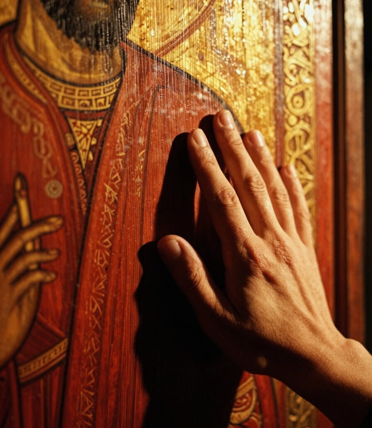 Extreme close-up of a hand touching a carved ancient Macedonian wooden iconostasis, deep shadows, warm golden hour tones, rich red and amber hues, 35mm film grain