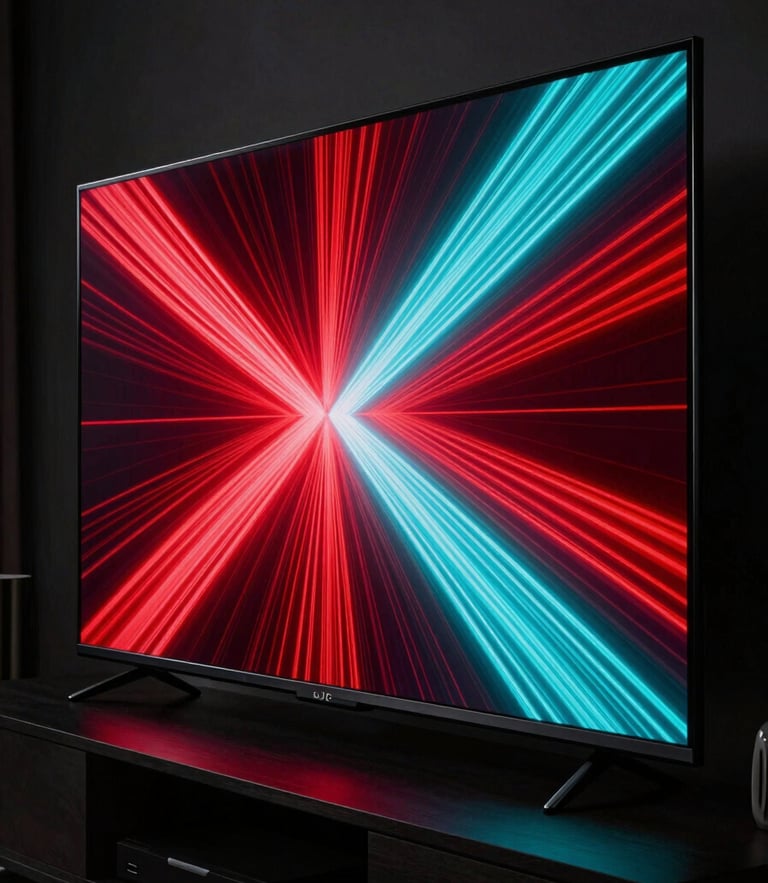 Low-key high-contrast macro shot of a modern JVC LED TV screen showing vibrant red and cyan light patterns in a dark premium living room, cinematic framing.