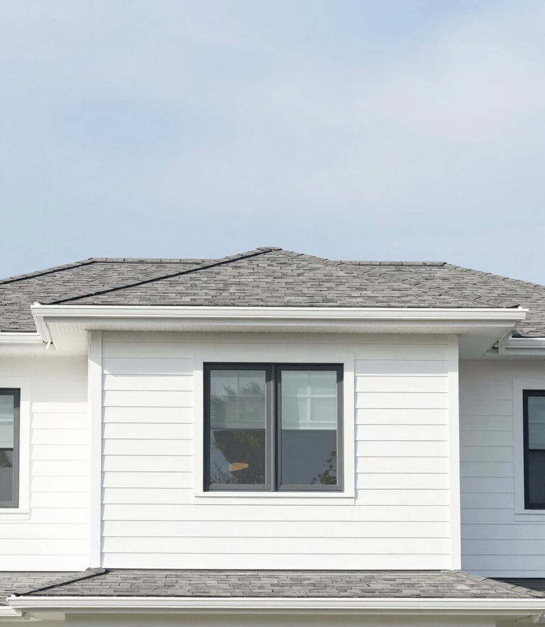Straight-on architectural crop of a pristine modern home with clean slate roof shingles and crisp white siding under bright overcast daylight, high contrast, 35mm