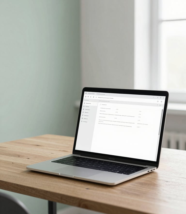 A bright, clean, minimalist office workspace with soft sage and deep slate tones, a modern laptop on a wooden desk showing a simplified, clean software dashboard, soft natural overcast daylight, 35mm lens