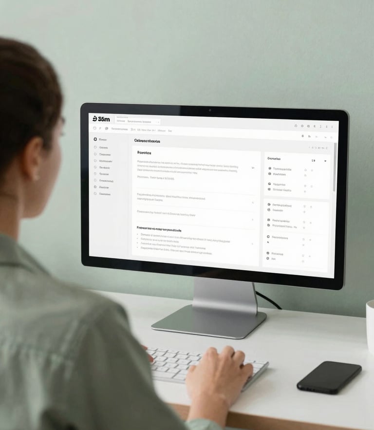 Over-the-shoulder shot of a relaxed business owner looking at a clean, minimalist software interface with soft natural daylight, muted sage tones, 35mm lens.