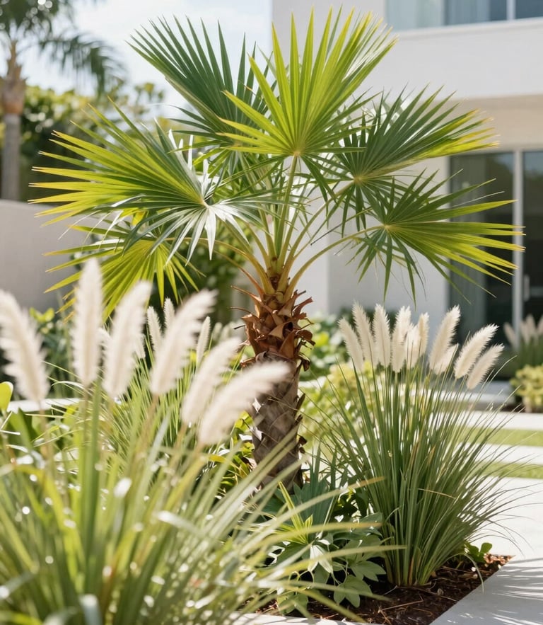 Bright botanical photography of a modern residential garden in Florida, sun-drenched native saw palmetto and wild grasses, high-key natural morning daylight, shallow depth of field