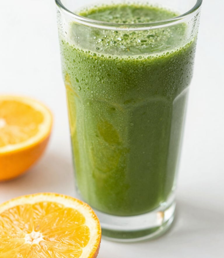 Close-up macro shot of a vibrant green smoothie in a condensation-beaded glass, freshly sliced citrus on a clean white surface, bright high-key morning daylight, shallow depth of field