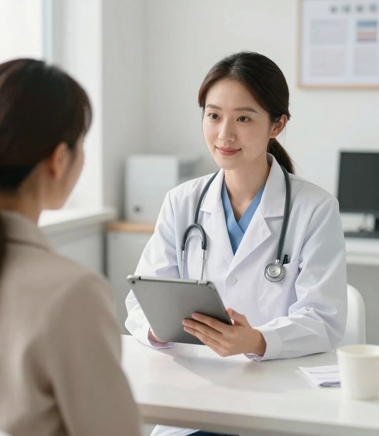 A professional doctor in a bright, modern consultation room showing a digital tablet to a colleague, soft natural daylight, clinical editorial style