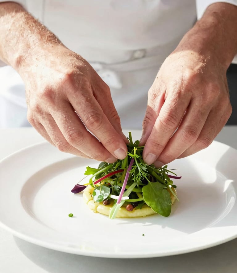Close-up of chef hands carefully arranging vibrant fresh herbs on a clean plated dish in a sunlit Boise kitchen, bright high-key lighting, soft natural daylight, shallow depth of field