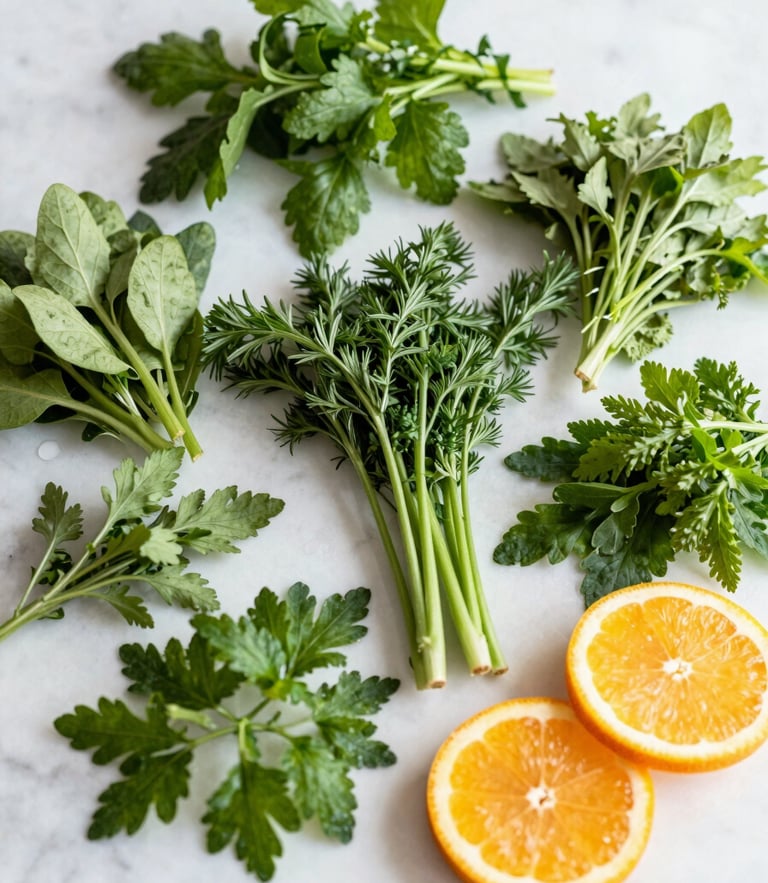 Overhead shot of vibrant fresh culinary herbs and sliced citrus on a clean marble prep counter, bright high-key lighting, soft natural daylight, crisp focus