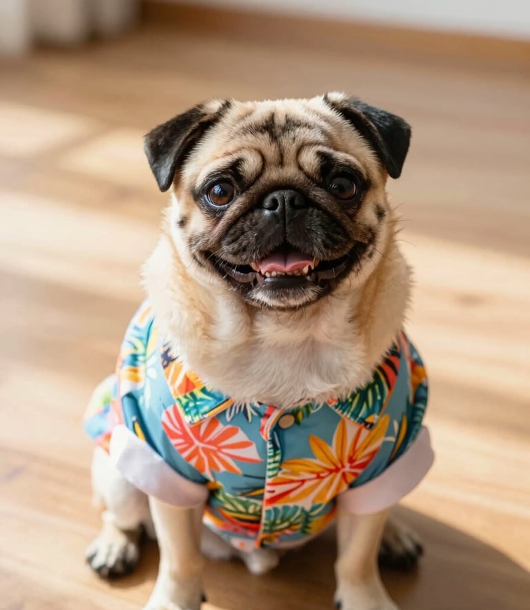A happy small pug wearing a colorful tropical shirt, sitting on a sunlit wooden floor, warm natural daylight, eye-level portrait, soft focus background