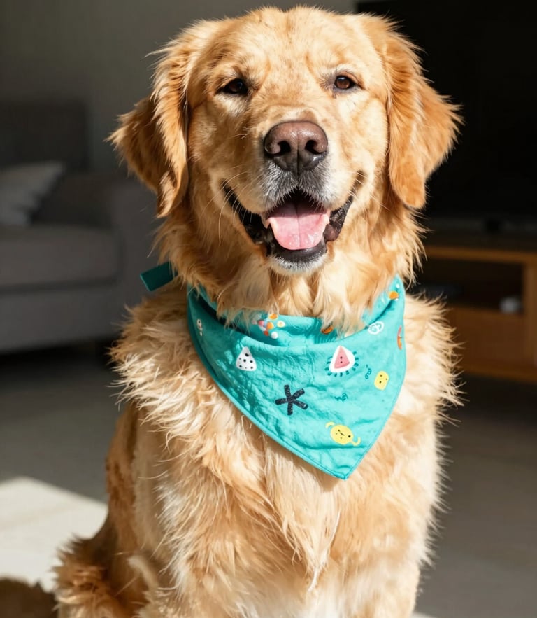 A happy golden retriever sitting indoors in bright daylight, wearing a colorful handmade turquoise bandanna, eye-level shot, warm 35mm photography