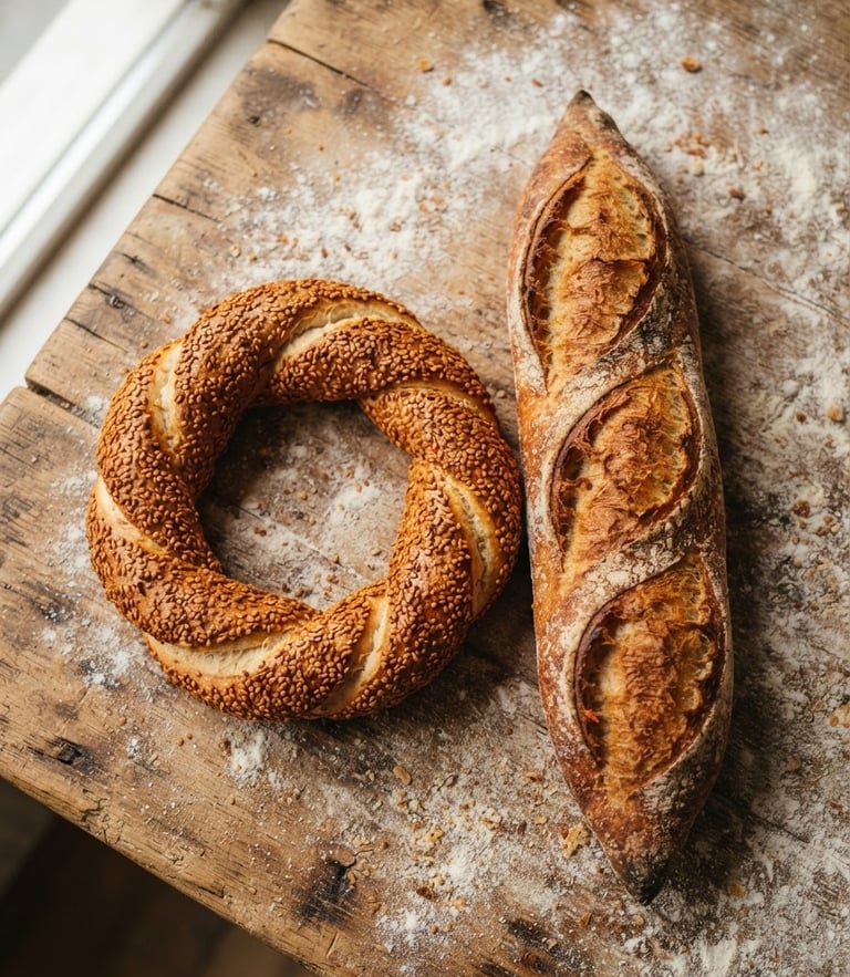 Overhead shot of freshly baked golden simit covered in sesame seeds next to a crusty French baguette on a flour-dusted wooden table, warm side window light, macro 50mm.