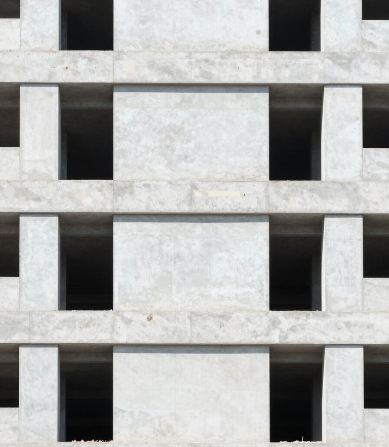 Straight-on architectural shot of modern building under construction with neatly stacked lightweight concrete panels, bright natural daylight, crisp details, 35mm lens